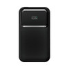 A black power bank with a textured surface and digital display showing battery percentage. It features a branding logo.