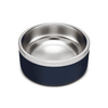 A pet bowl with a stainless steel interior and a navy blue exterior. It features a logo on the side.