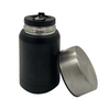 A drink bottle featuring a black exterior and a stainless steel lid, with a spout for easy pouring and a logo.