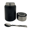 A drink bottle in black with a stainless steel lid, accompanied by a small inner container and a metal spoon.
