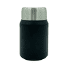 A drink bottle in black with a stainless steel lid, featuring a smooth finish and a logo.