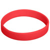 A red silicone wristband with a smooth finish, featuring a logo. Suitable for events and exhibitions.