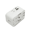 A white universal travel adapter with USB ports and retractable prongs, featuring a compact design.