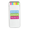 A highlighter set in a case featuring five vibrant colours: pink, green, yellow, orange, and blue. The case has a logo.