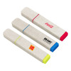 Three eco-friendly highlighters in various colours: pink, blue, yellow, and grey with branding logos.