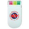 A white highlighter set with three colours: pink, green, and yellow. It has a logo on the front.