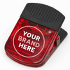 A red magnetic croc clip with a black grip and a branding area on the front.