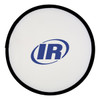 A fold-up flying disc in white with a black border, featuring a logo in blue.
