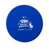 A blue silicone frisbee with a circular shape and a logo printed on the surface.