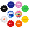 A collection of stress balls in various colours, including black, pink, blue, green, yellow, orange, and white, with logos.