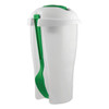 A white salad shaker with a green lid and utensils attached on the side. It has a logo on the front.