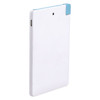 A white ultra slim power bank with a light blue accent, featuring a sleek design and a logo on its surface.