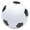 A white stress ball in the shape of a soccer ball, featuring black pentagon patches.