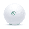 A white stress ball designed like a volleyball, featuring a circular logo.