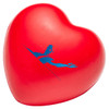 A bright red heart-shaped stress ball featuring a blue logo design.
