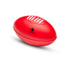 A red Squeeze Football with white stripes and a logo. It’s designed as a fun stress ball.