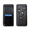 A black power bank with built-in charging cables for multiple devices and a logo on the front.