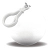 A white ball with a clip, designed to hold a rain poncho, featuring a smooth surface.