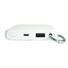 A white power bank with a USB port and a micro USB input, featuring a keychain attachment.