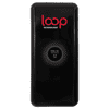 A black power bank with a logo, featuring a dotted design and specifications for fast charging features.