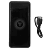 A black power bank with a glossy finish, accompanied by a charging cable. It has a logo in the centre.