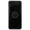 A black power bank with a textured design and a logo, featuring a 10,000 mAh capacity.