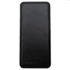 A black power bank with a sleek design, featuring a logo and specifications on the underside.