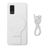 A white power bank with a circular stand and a USB charging cable. It also features a logo.