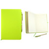 A bright green recycled notebook with a pen, featuring lined pages and a matching bookmark.