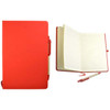 A red notebook with lined pages and a matching pen, featuring a logo on the cover.