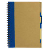A recycled paper notebook with a brown cover and blue spine, featuring a spiral binding and a pen holder.