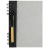 A grey recycled journal book with a black spiral binding and a yellow pen attached.