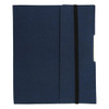 A navy blue Small Tuck Journal Book with an elastic closure and a logo on the front.