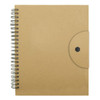 A kraft-coloured spiral-bound notebook with a circular button closure and a textured cover.