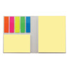 A sticky note book featuring pastel yellow notes and vibrant colourful flags in orange, pink, green, and blue.