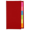 A red book containing assorted sticky note markers in bright pink, yellow, and green colours.
