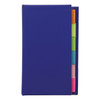 A blue book with sticky note tabs in various colours peeking out from the side, featuring a logo.