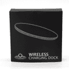 A black box featuring an outline of a round wireless charging dock with a logo on the front.
