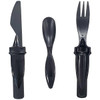 A black cutlery set featuring a knife, spoon, and fork, all with sleek handles. The set includes a logo.