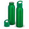 A drink bottle in vibrant green aluminium, featuring a screw-top lid and a removable green cap.