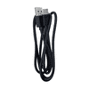 A black charging cable with USB connectors at both ends, neatly coiled for easy storage.