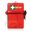 A bright red waterproof first aid kit with a white cross symbol and a black clasp closure.