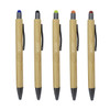 A set of five bamboo stylus pens featuring blue, green, orange, red, and black tips, each with a black grip and clip.