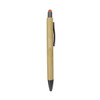 A bamboo pen with an orange stylus tip and a black barrel. It features a clip and has a logo.