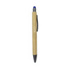 A bamboo pen with a blue stylus tip and a black ballpoint end, featuring a branding logo.