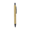 A bamboo pen featuring a black stylus tip and a sleek design with a metallic clip.