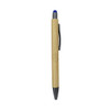 A bamboo pen with a blue stylus tip and a black end, featuring a simple clip for easy attachment.
