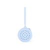 A round light blue silicone pouch featuring multiple holes and a strap for easy carrying. It has a logo.