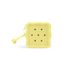 A yellow square silicone pouch with six holes and a braided zip pull, featuring a logo.
