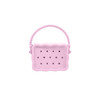 A pink silicone bag with a textured handle and multiple holes for ventilation. It features a rounded, scalloped shape.